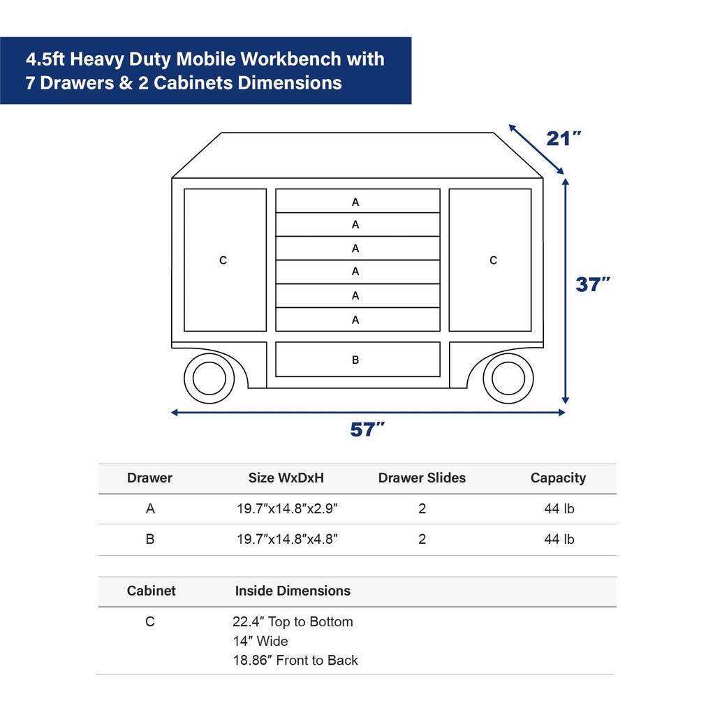 4.5ft Heavy Duty Mobile Workbench with 7 Drawers & 2 Cabinets