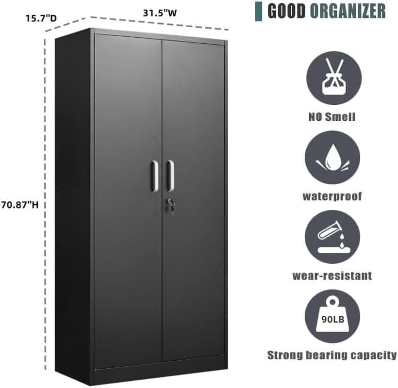 Metal Storage Cabinet with 2 Locking Doors and 4 Adjustable Shelves, Tall Steel Cabinet, Black, 70.87 x 31.5 x 15.7 in