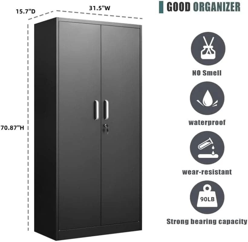 2-Door Locking Steel Storage Cabinet, 4 Adjustable Shelves, 70.87 x 31.5 x 15.7 in