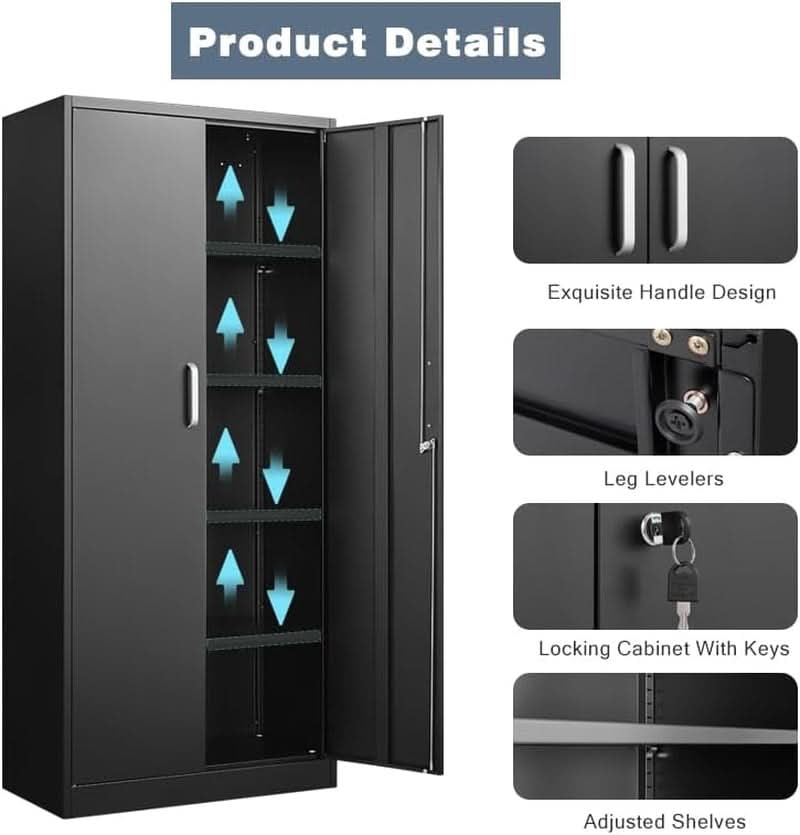 Metal Storage Cabinet with 2 Locking Doors and 4 Adjustable Shelves, Tall Steel Cabinet, Black, 70.87 x 31.5 x 15.7 in