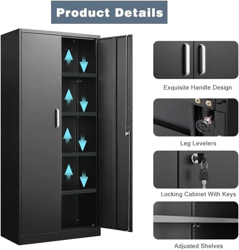 2-Door Locking Steel Storage Cabinet, 4 Adjustable Shelves, 70.87 x 31.5 x 15.7 in