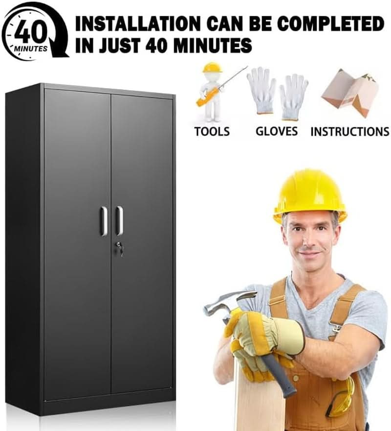 Metal Storage Cabinet with 2 Locking Doors and 4 Adjustable Shelves, Tall Steel Cabinet, Black, 70.87 x 31.5 x 15.7 in