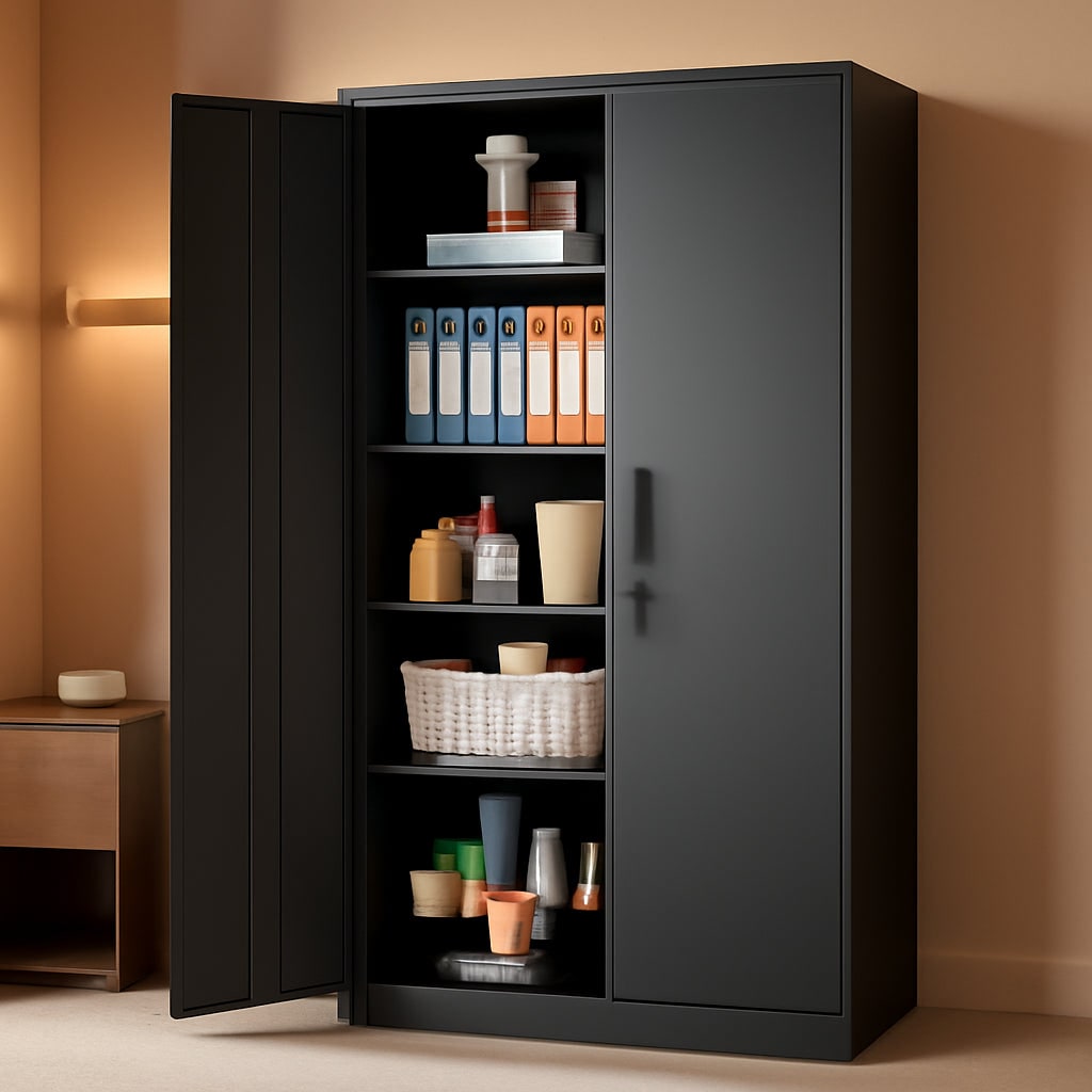 Garage Storage Cabinet with 2 Locking Doors and 5 Adjustable Shelves, Tall Black Metal Cabinet, 180 lb per Shelf, 72 x 36 x 18 in