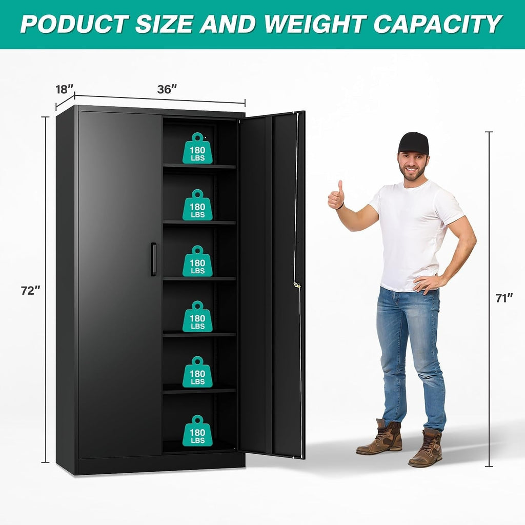 Garage Storage Cabinet with 2 Locking Doors and 5 Adjustable Shelves, Tall Black Metal Cabinet, 180 lb per Shelf, 72 x 36 x 18 in