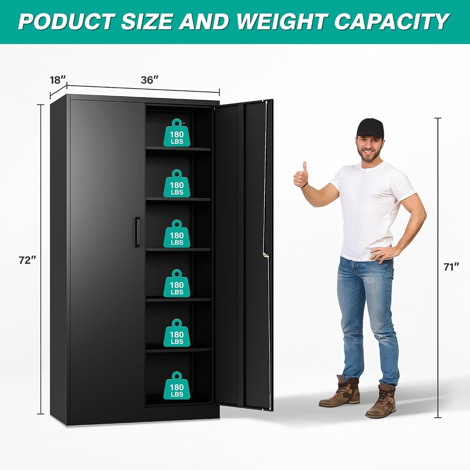 Garage Storage Cabinet with 2 Locking Doors and 5 Adjustable Shelves, Tall Black Metal Cabinet, 180 lb per Shelf, 72 x 36 x 18 in