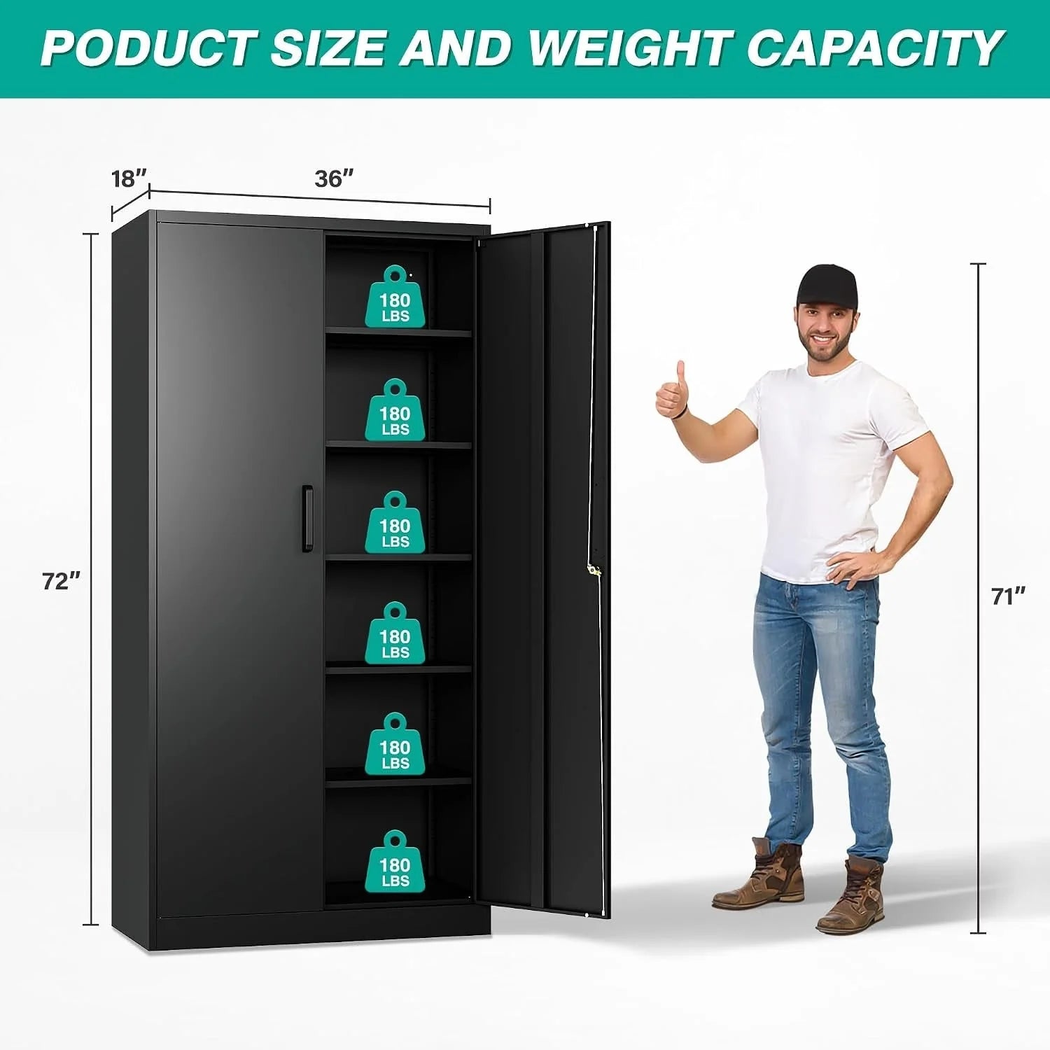 2-Door Locking Garage Storage Cabinet, 5 Adjustable Shelves, 180 lb per Shelf, 72 x 36 x 18 in