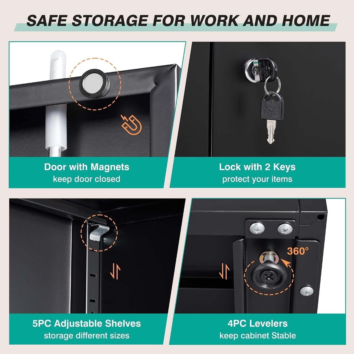 Garage Storage Cabinet with 2 Locking Doors and 5 Adjustable Shelves, Tall Black Metal Cabinet, 180 lb per Shelf, 72 x 36 x 18 in