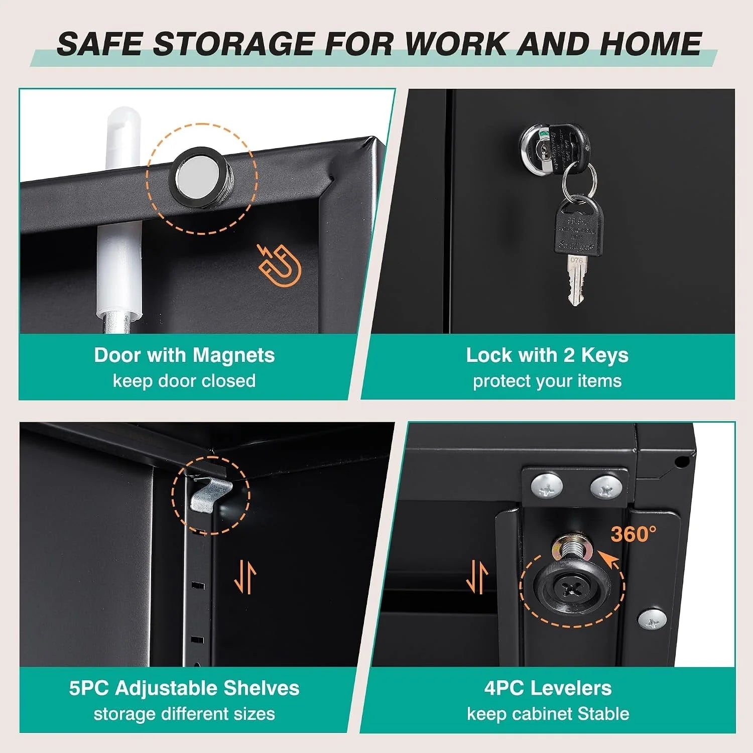 2-Door Locking Garage Storage Cabinet, 5 Adjustable Shelves, 180 lb per Shelf, 72 x 36 x 18 in