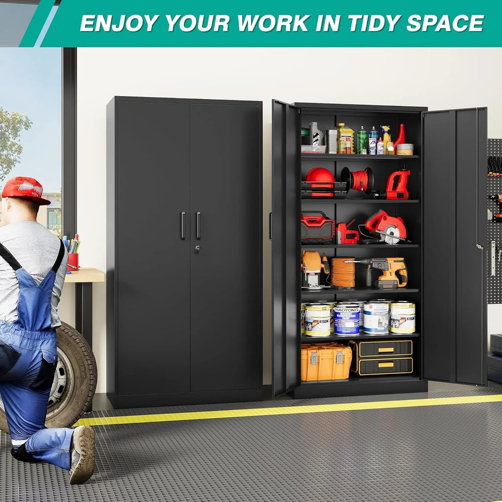 2-Door Locking Garage Storage Cabinet, 5 Adjustable Shelves, 180 lb per Shelf, 72 x 36 x 18 in