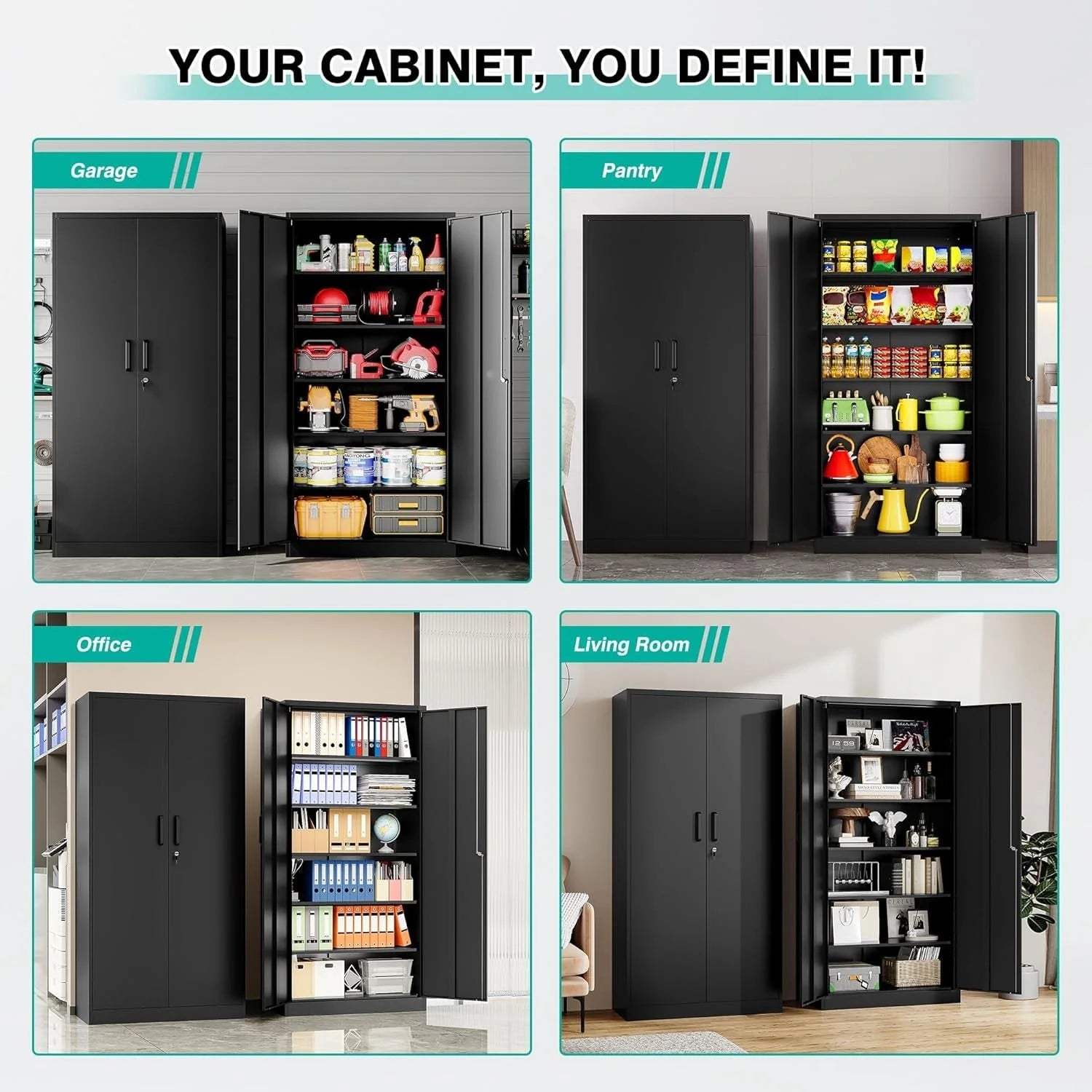 2-Door Locking Garage Storage Cabinet, 5 Adjustable Shelves, 180 lb per Shelf, 72 x 36 x 18 in