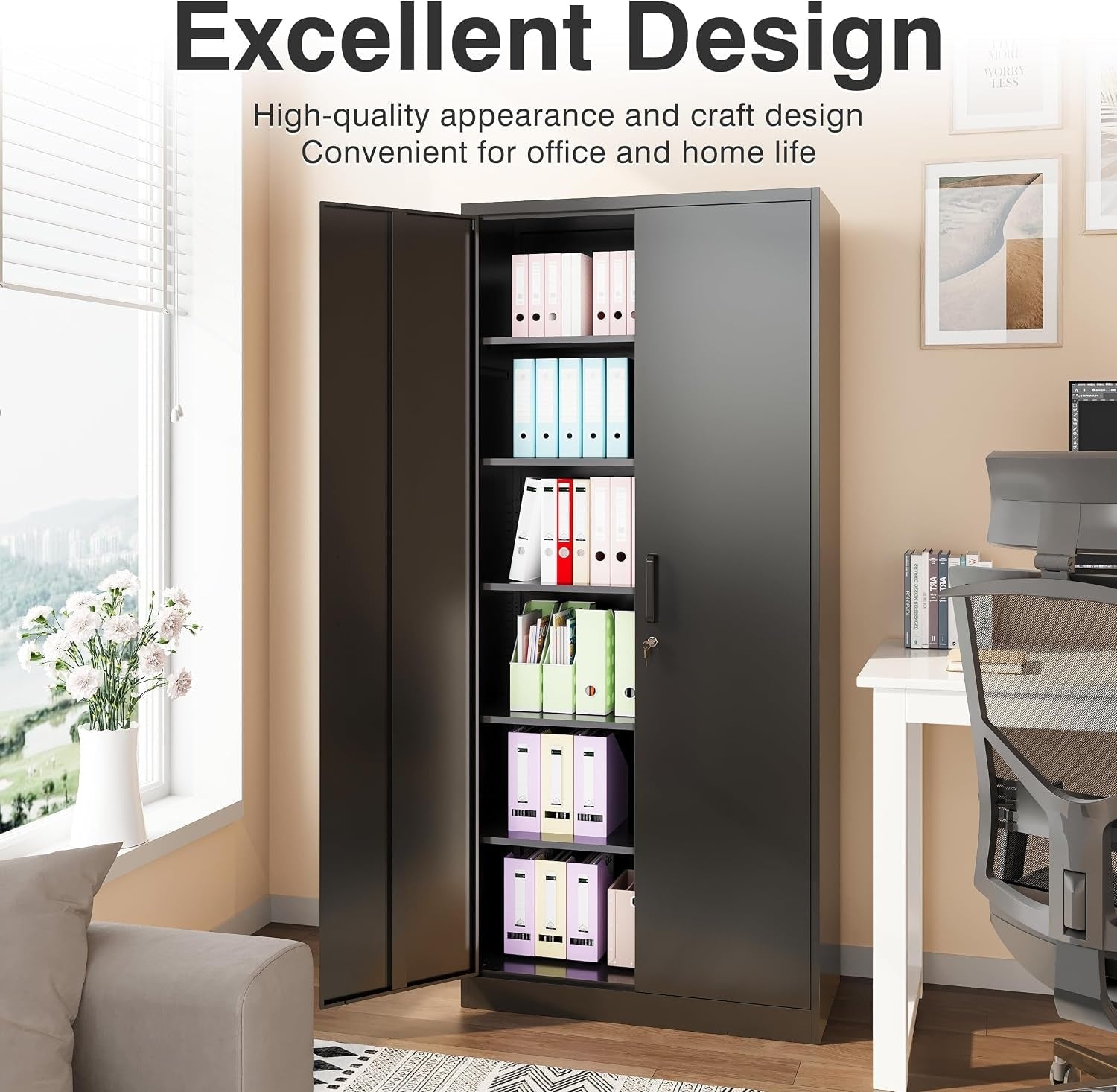Garage Storage Cabinet with 2 Locking Doors and 5 Adjustable Shelves, Tall Black Metal Cabinet, 180 lb per Shelf, 72 x 36 x 18 in