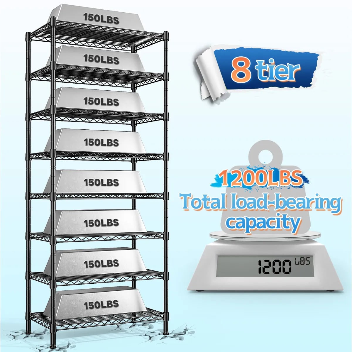 8 Tier Wire Shelving Unit for Narrow Spaces, Slim Metal Storage Rack, 150 lb per Shelf, 23.3 x 13.5 x 72 in