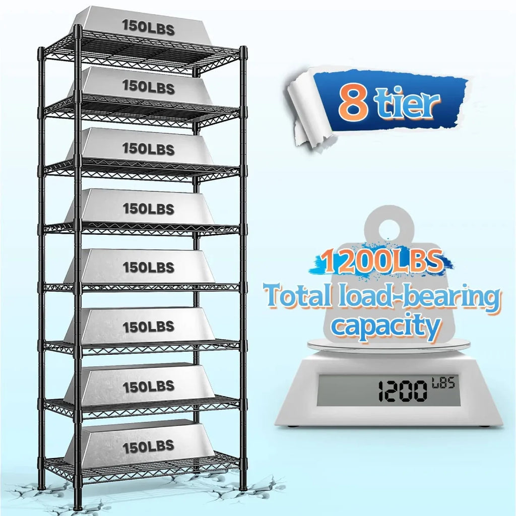 8-Tier Slim Wire Shelving Unit for Narrow Spaces, 150 lb per Shelf, 23.3 x 13.5 x 72 in