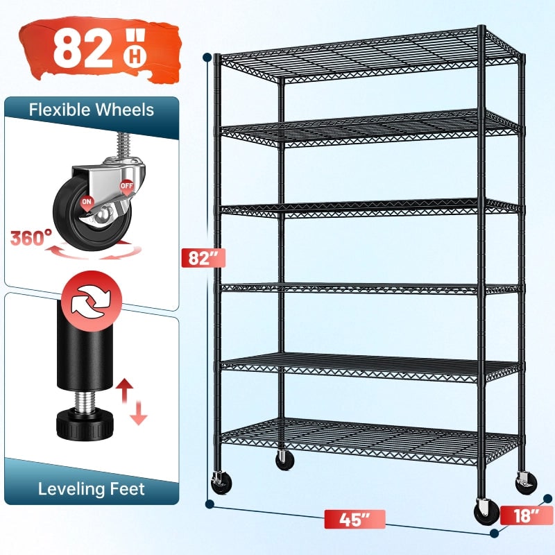 Wire Shelving Unit with Wheels, 6 Tier Adjustable Metal Storage Rack, 200 lb per Shelf, 45 x 18 x 82 in