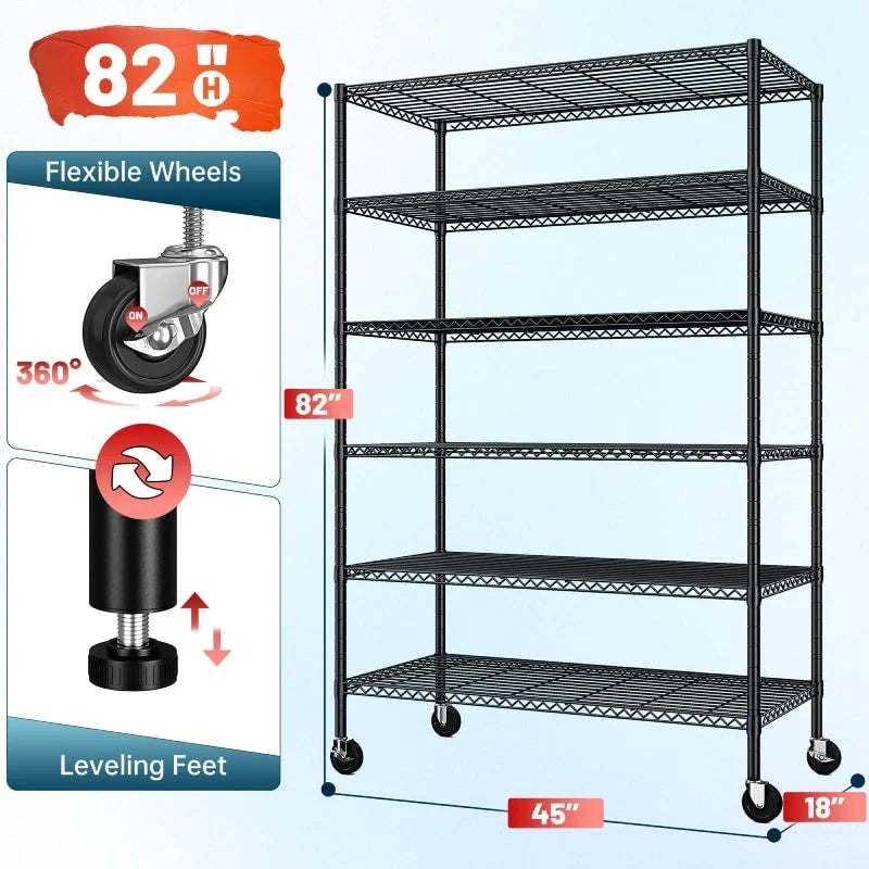 6-Tier Rolling Wire Shelving Unit with Wheels, 200 lb per Shelf, 45 x 18 x 82 in