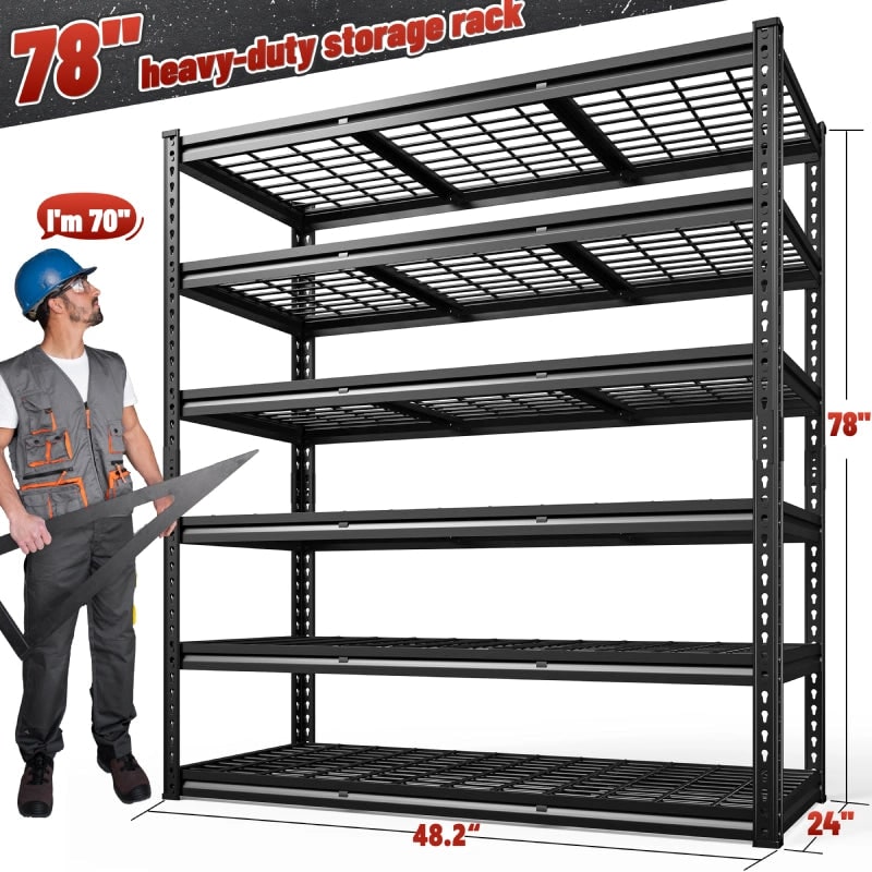 6 Tier Garage Shelving Unit 78 in Tall, Heavy Duty Metal Storage Shelves, 600 lb per Shelf, 48.2 x 24 x 78 in