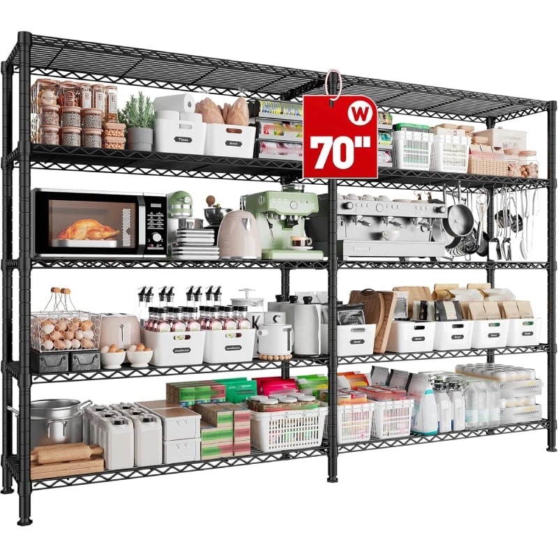 Wire Shelving Unit, 5 Tier L Shaped or Straight Corner Storage Rack, 320 lb per Shelf, 70 x 16 x 72.5 in
