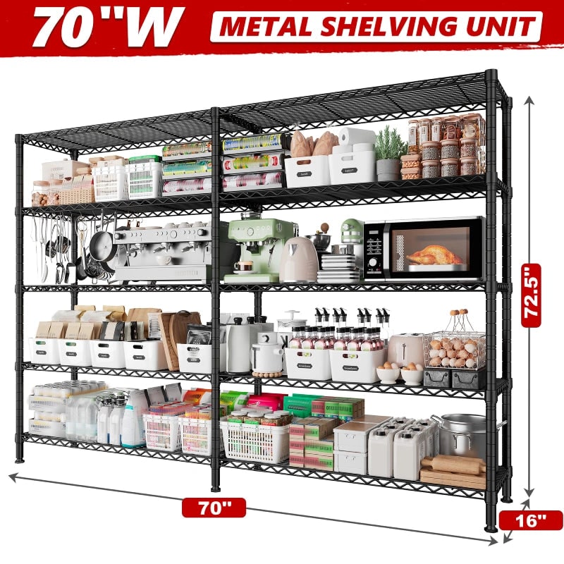 Wire Shelving Unit, 5 Tier L Shaped or Straight Corner Storage Rack, 320 lb per Shelf, 70 x 16 x 72.5 in