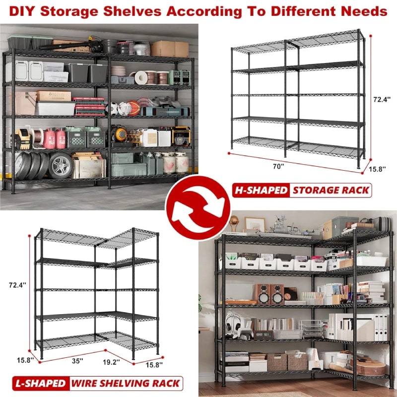 Wire Shelving Unit, 5 Tier L Shaped or Straight Corner Storage Rack, 320 lb per Shelf, 70 x 16 x 72.5 in