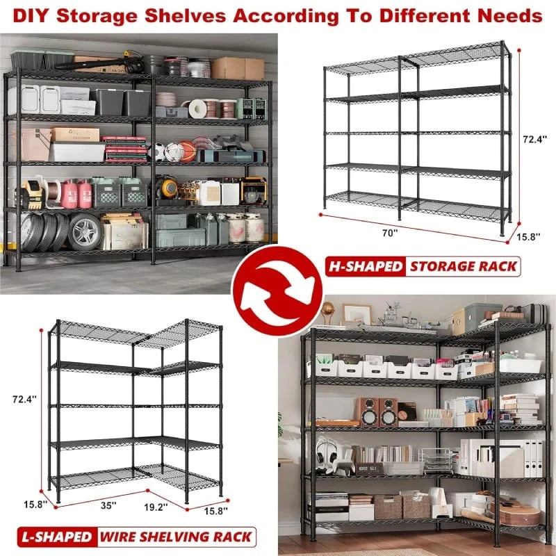 5-Tier Corner Wire Shelving Unit, L-Shaped or Straight, 320 lb per Shelf, 70 x 16 x 72.5 in