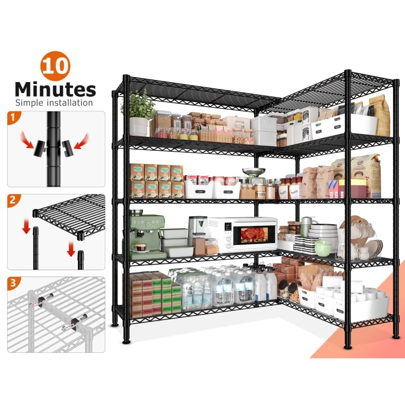Wire Shelving Unit, 5 Tier L Shaped or Straight Corner Storage Rack, 320 lb per Shelf, 70 x 16 x 72.5 in